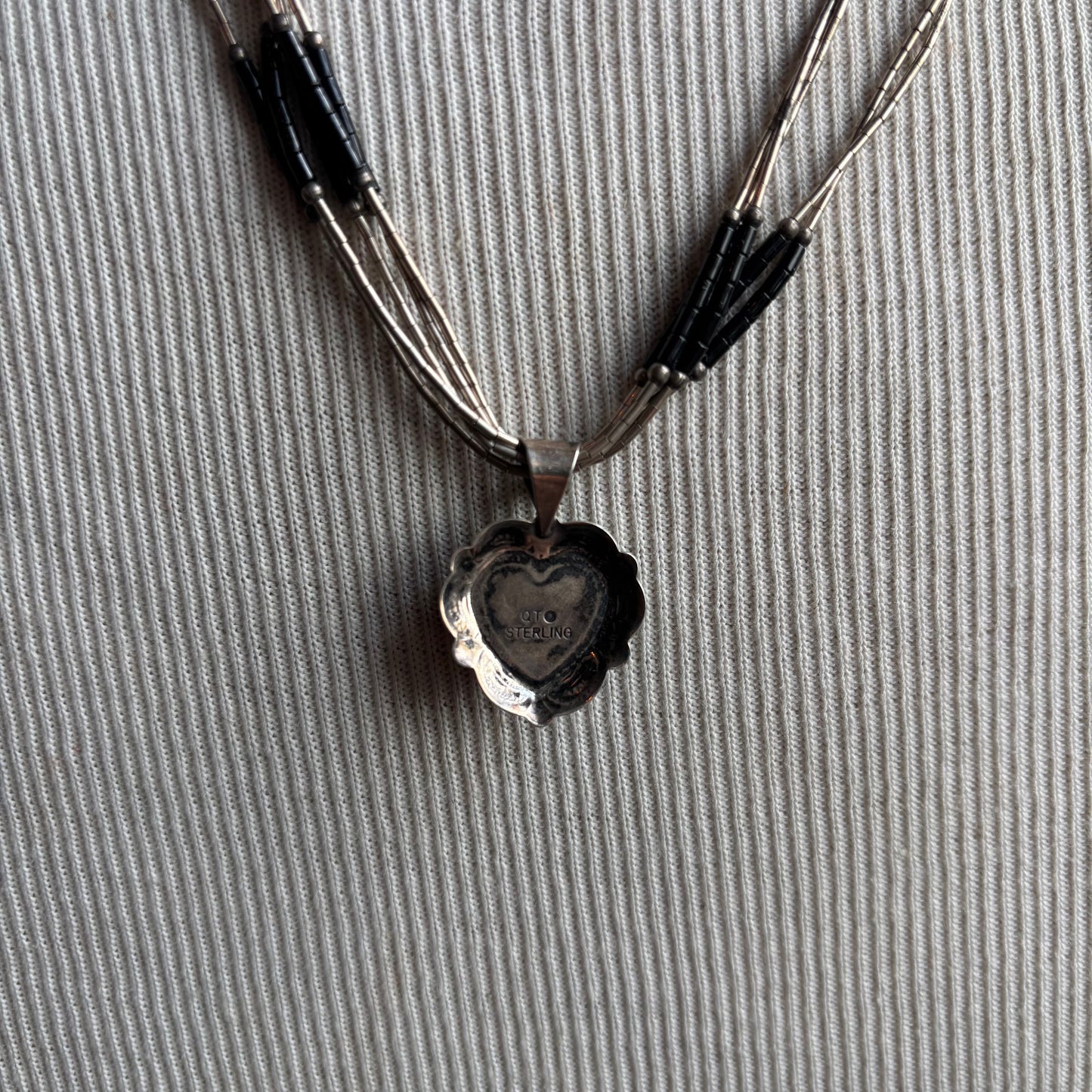 Silver and Black Beaded Necklace with Heart Pendant
