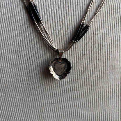 Silver and Black Beaded Necklace with Heart Pendant