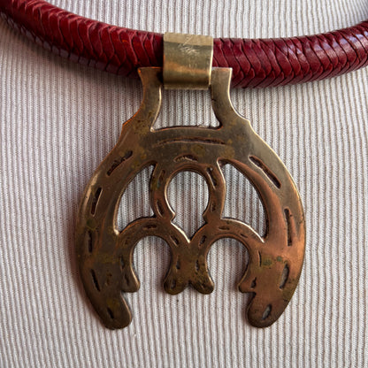 Mac Warman Vintage Brass Triple Horseshoe Medallion Red Leather Collar Necklace