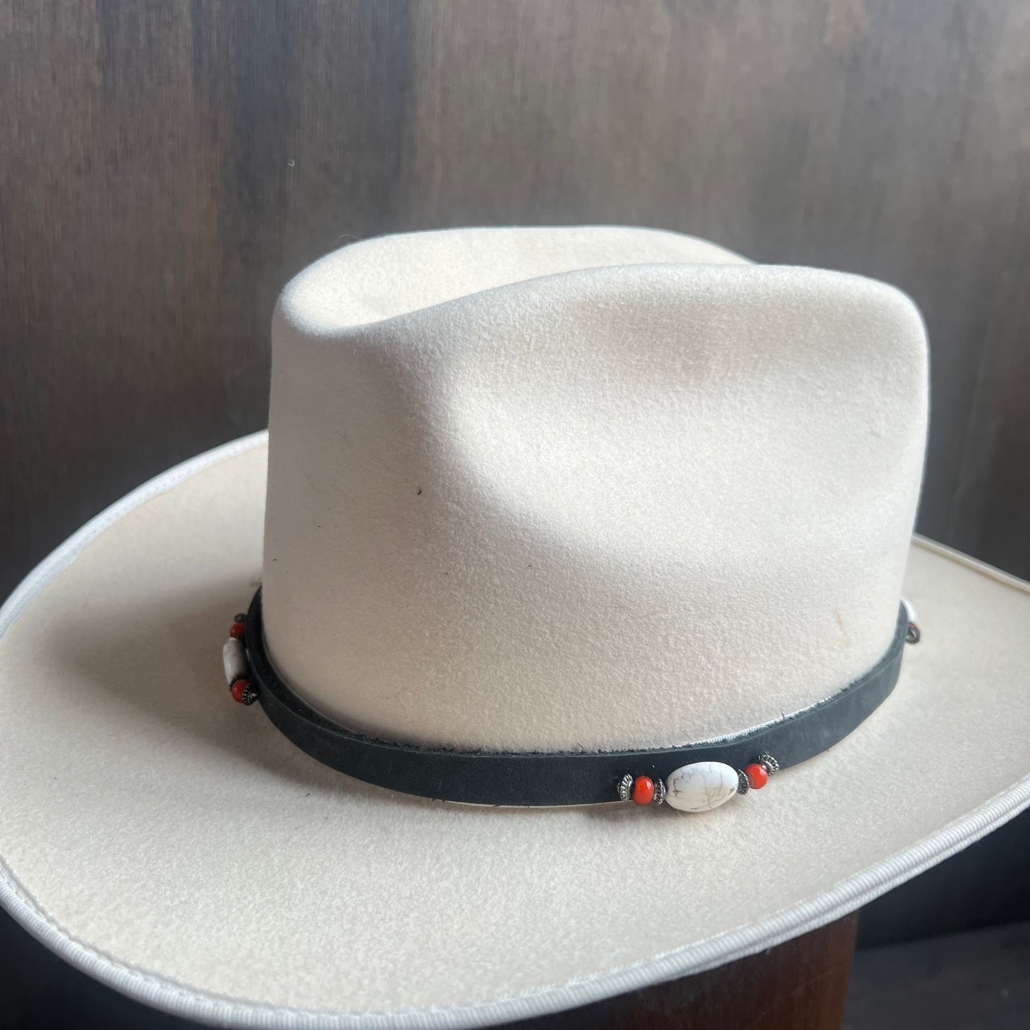 Black Leather Hat Band with Beads