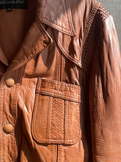 Brown Leather Jacket with Woven Details