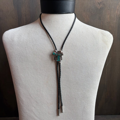 Silver Saddle Bolo on Black Leather Tie