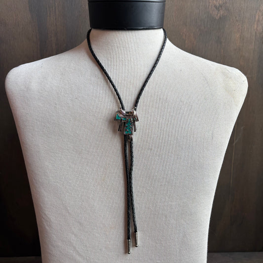 Silver Saddle Bolo on Black Leather Tie