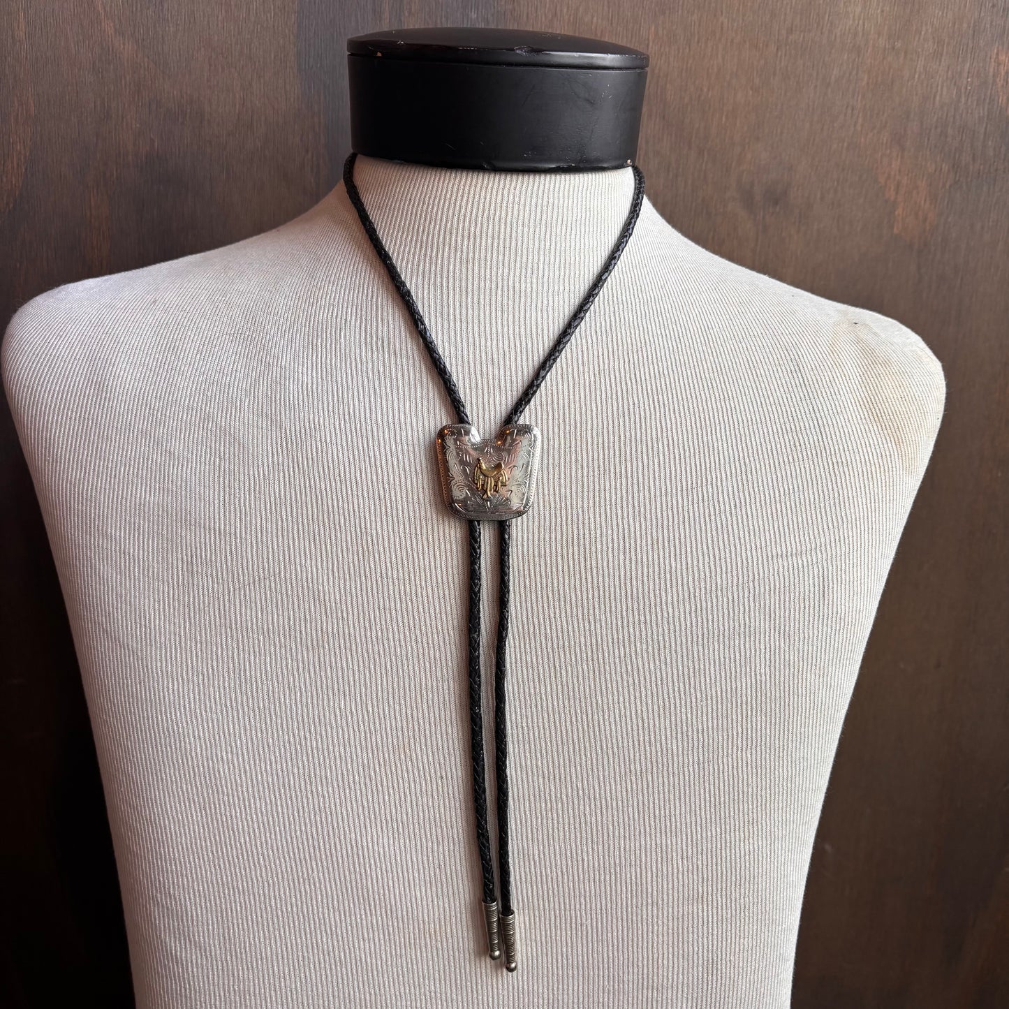 Vintage Hollywood Style Saddle Bolo on Black Leather Tie