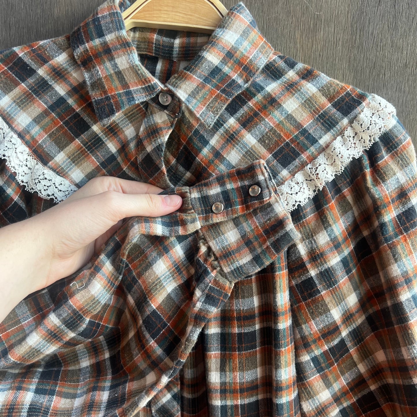 Orange and Blue Plaid Pearl Snap with Lace Trim