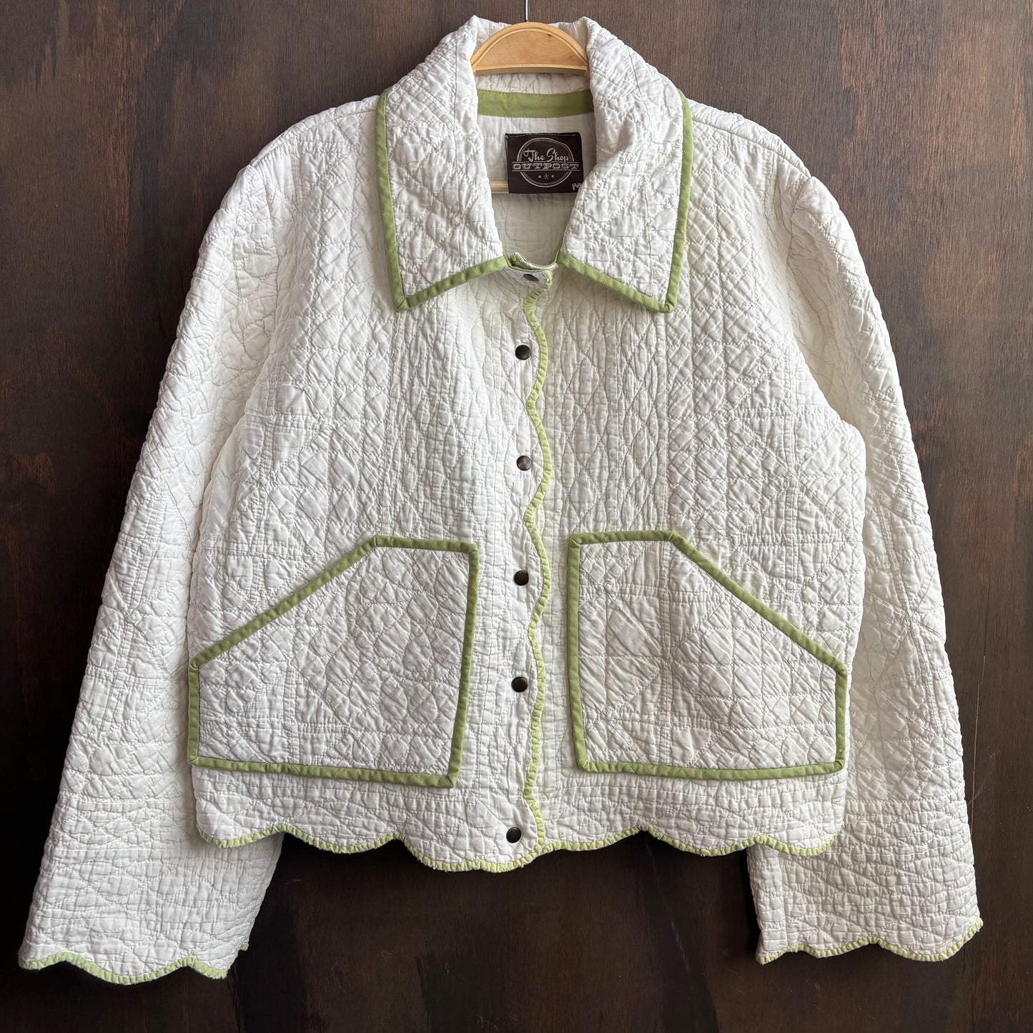 Vintage White Cropped Quilt Jacket with Green Trim