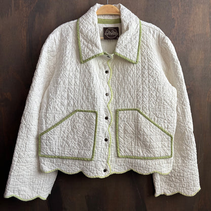Vintage White Cropped Quilt Jacket with Green Trim