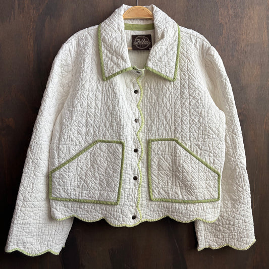 Vintage White Cropped Quilt Jacket with Green Trim