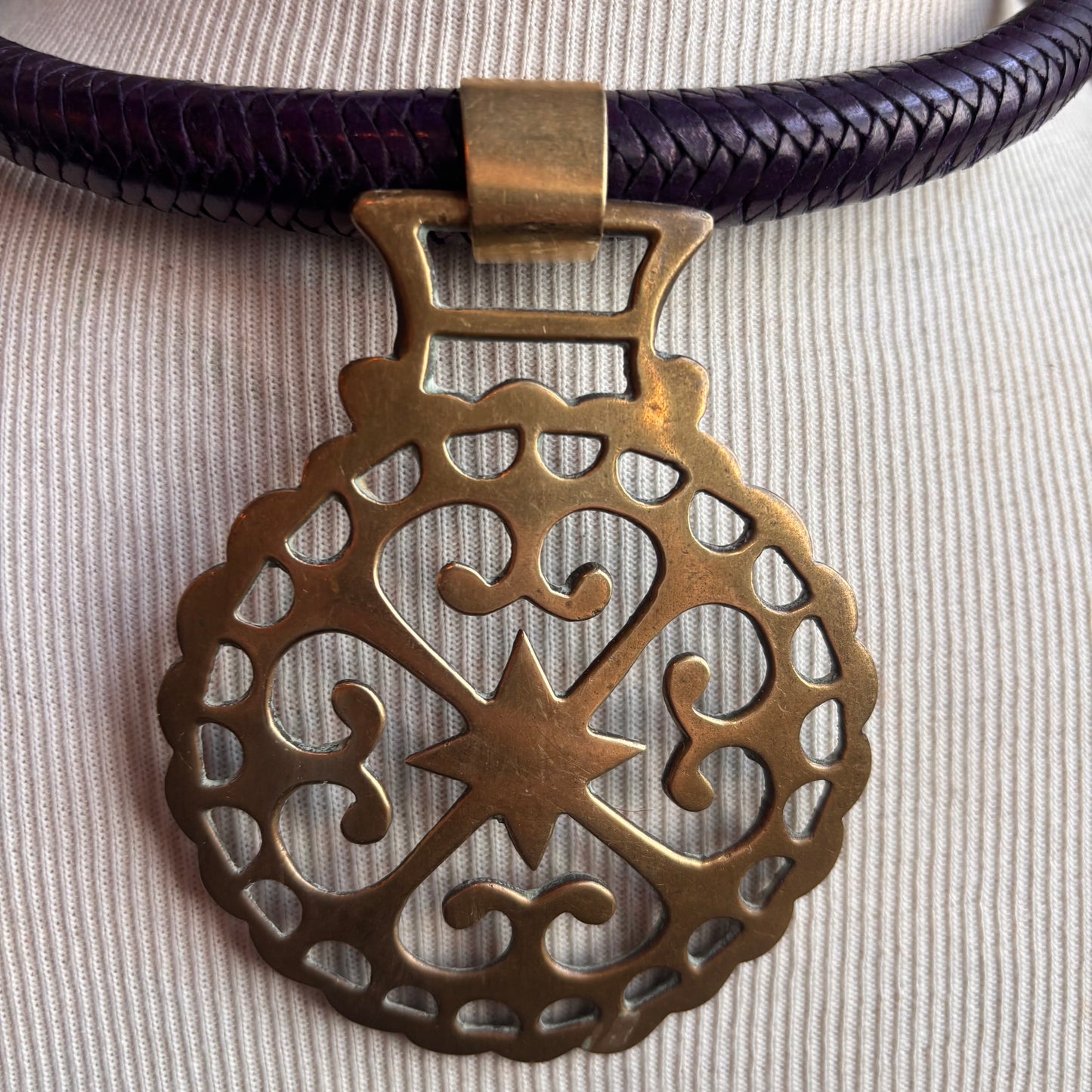Mac Warman Vintage Brass Star Medallion Purple Leather Colar Necklace