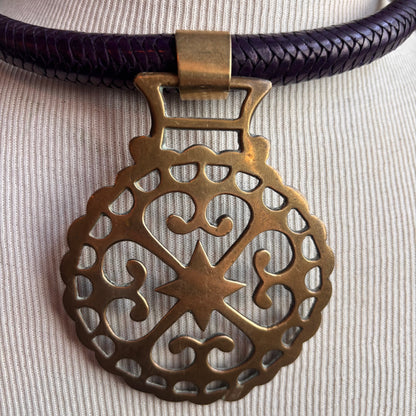 Mac Warman Vintage Brass Star Medallion Purple Leather Colar Necklace
