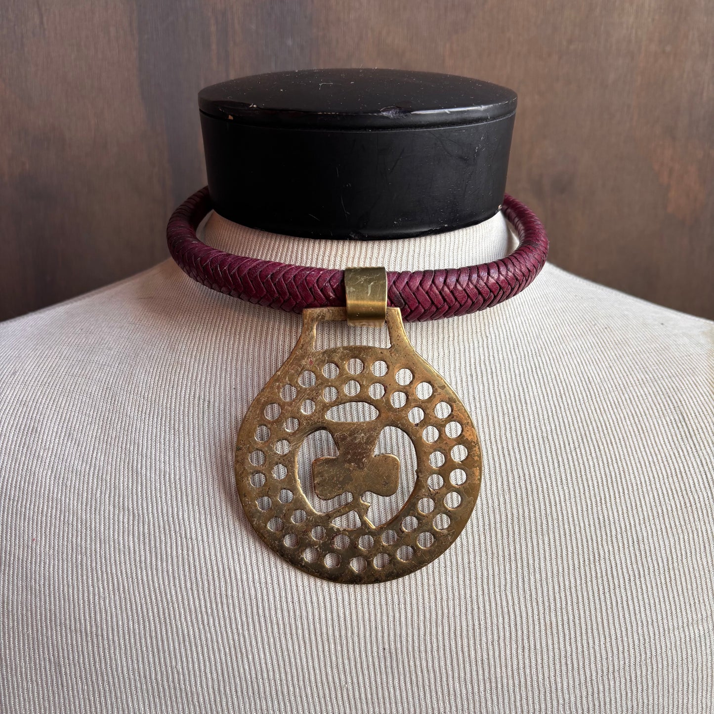 Mac Warman Vintage Brass Clover Medallion Burgundy Leather Collar Necklace