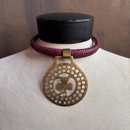 Mac Warman Vintage Brass Clover Medallion Burgundy Leather Collar Necklace