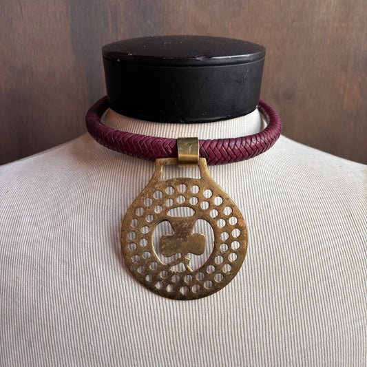 Mac Warman Vintage Brass Clover Medallion Burgundy Leather Collar Necklace