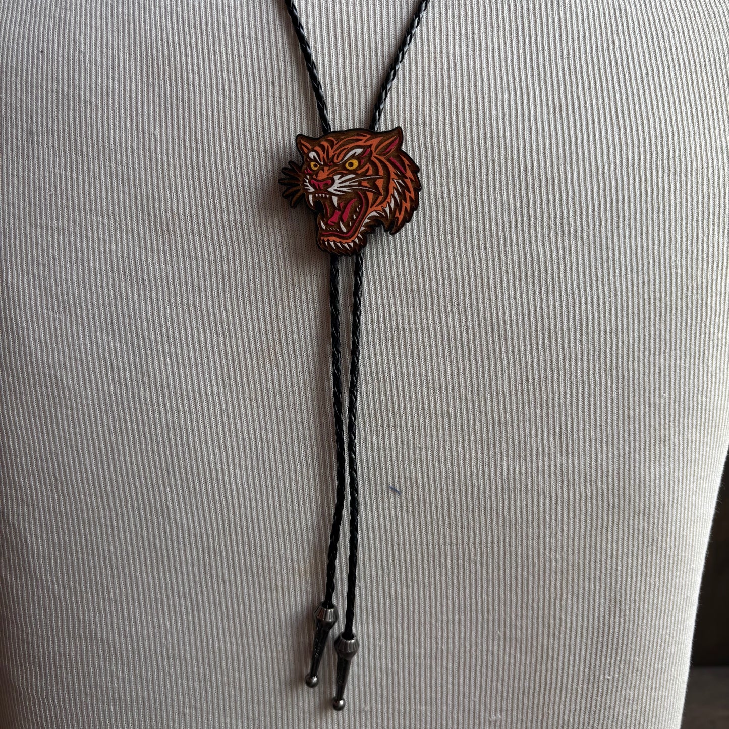 Hand Painted Tiger Bolo on Black Leather Tie
