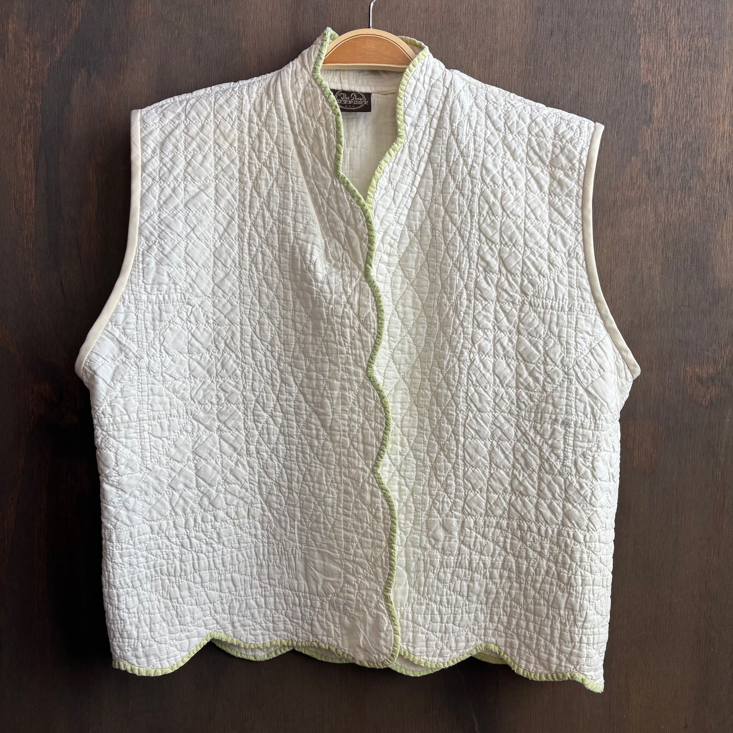 Vintage White Quilt Vest with Green Trim
