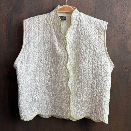 Vintage White Quilt Vest with Green Trim