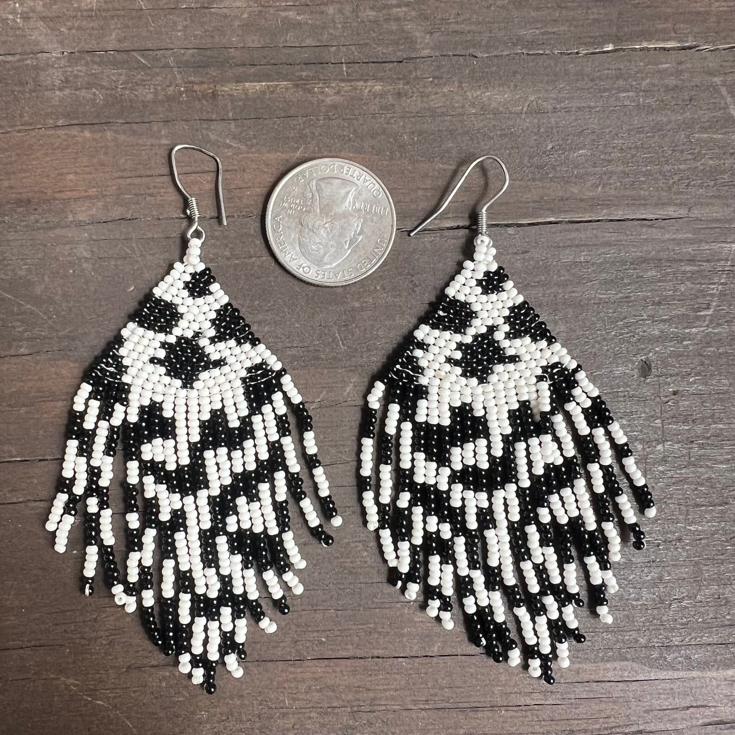 Black and White Beaded Tassel Earrings