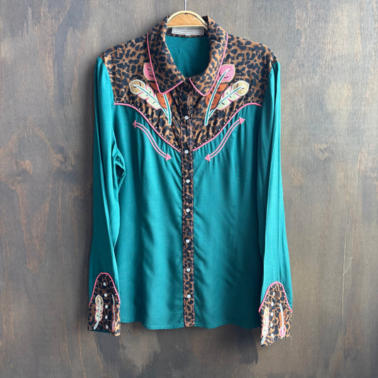 Double D Ranchwear Teal Button Up with Animal Print