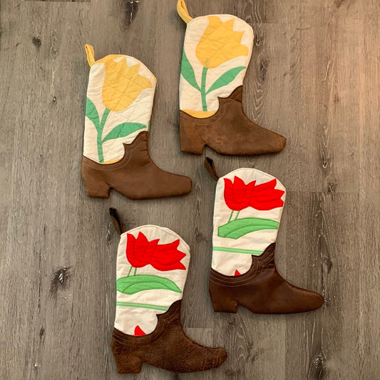 Vintage tulip quilt Cowboy Boot Christmas stocking