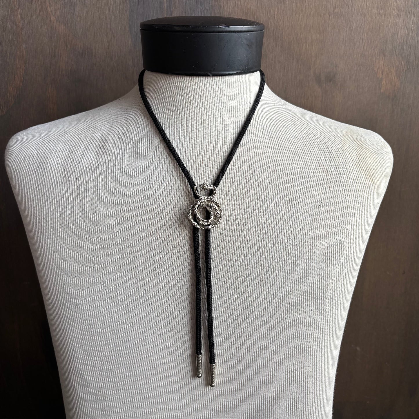 Silver Tone Snake Bolo on Black Tie