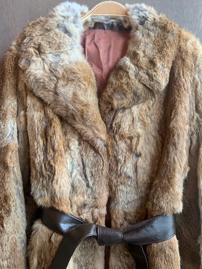 Vintage light brown fur coat with brown belt