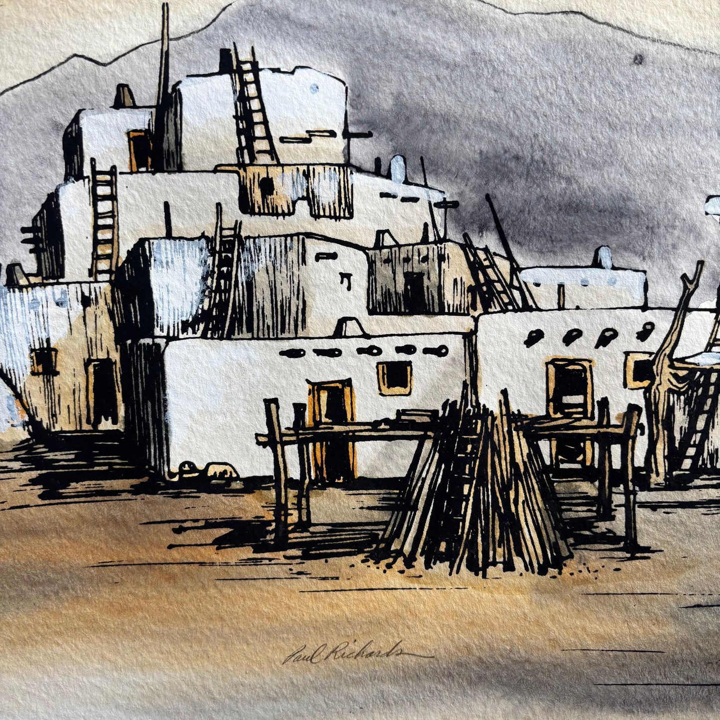 Matted Painting of Taos NM Pueblo