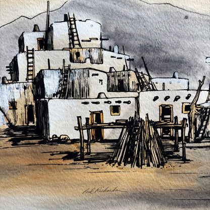 Matted Painting of Taos NM Pueblo