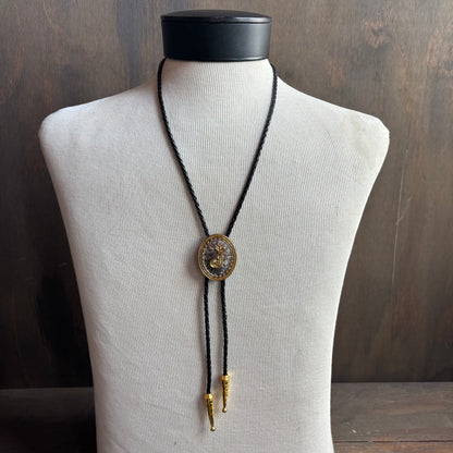 Hollywood Style "J" Bolo on Black Leather Tie