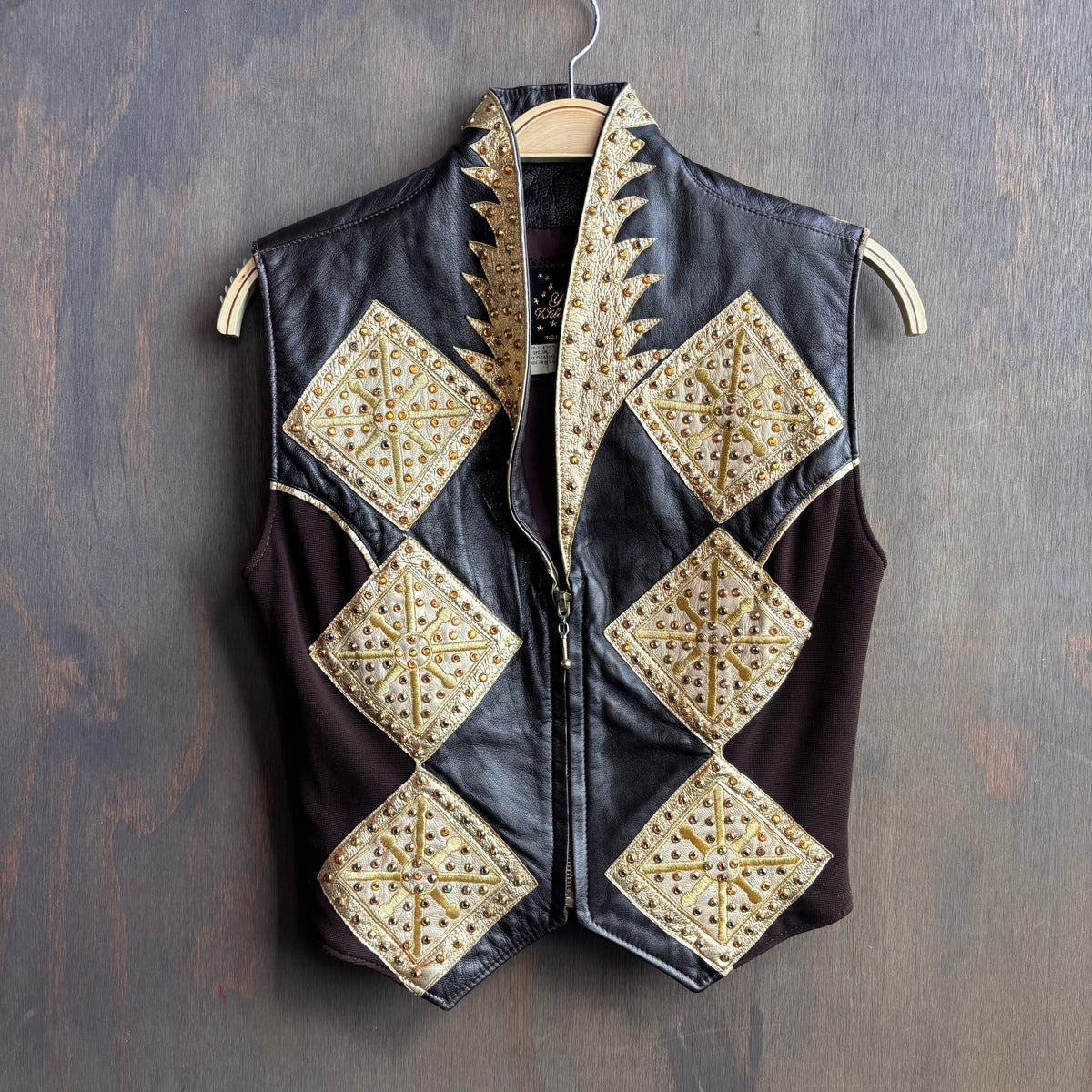 Vintage Bedazzled Black Leather Vest