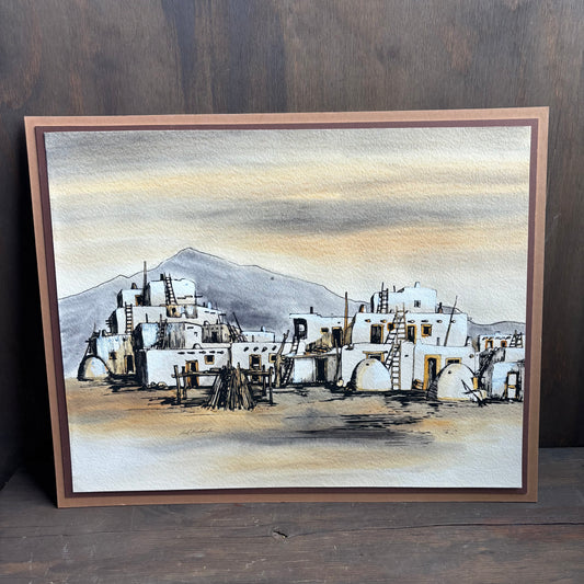 Matted Painting of Taos NM Pueblo
