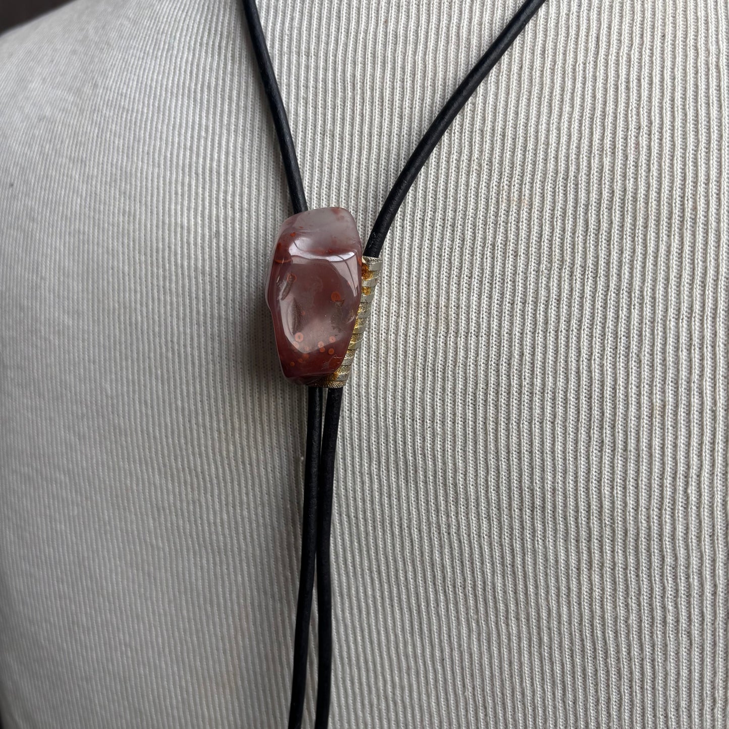 Pink Glass Bolo on Black Leather Tie