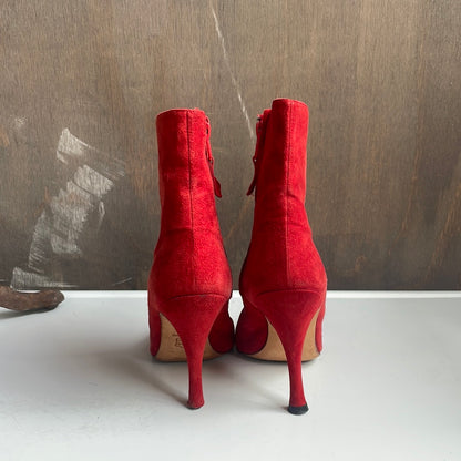 Red Suede Manolo Blahnik Heeled Booties