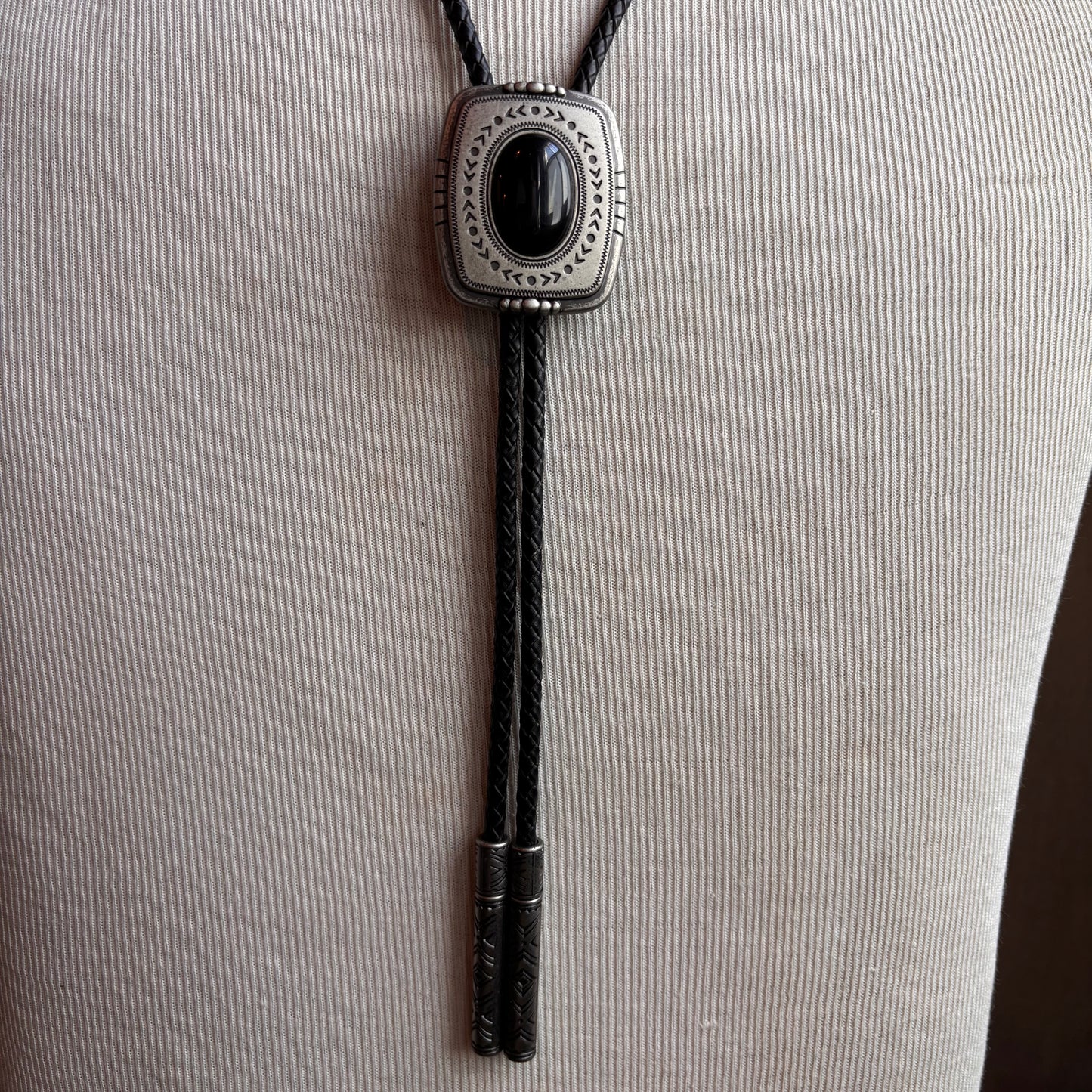 Cody James Black Stone Bolo on Black Leather Tie
