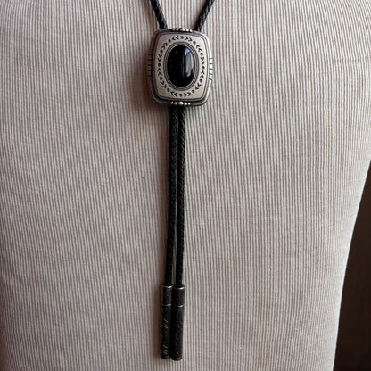 Cody James Black Stone Bolo on Black Leather Tie
