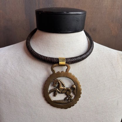 Mac Warman Vintage Brass Horse Medallion Brown Leather Collar Necklace