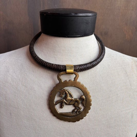 Mac Warman Vintage Brass Horse Medallion Brown Leather Collar Necklace