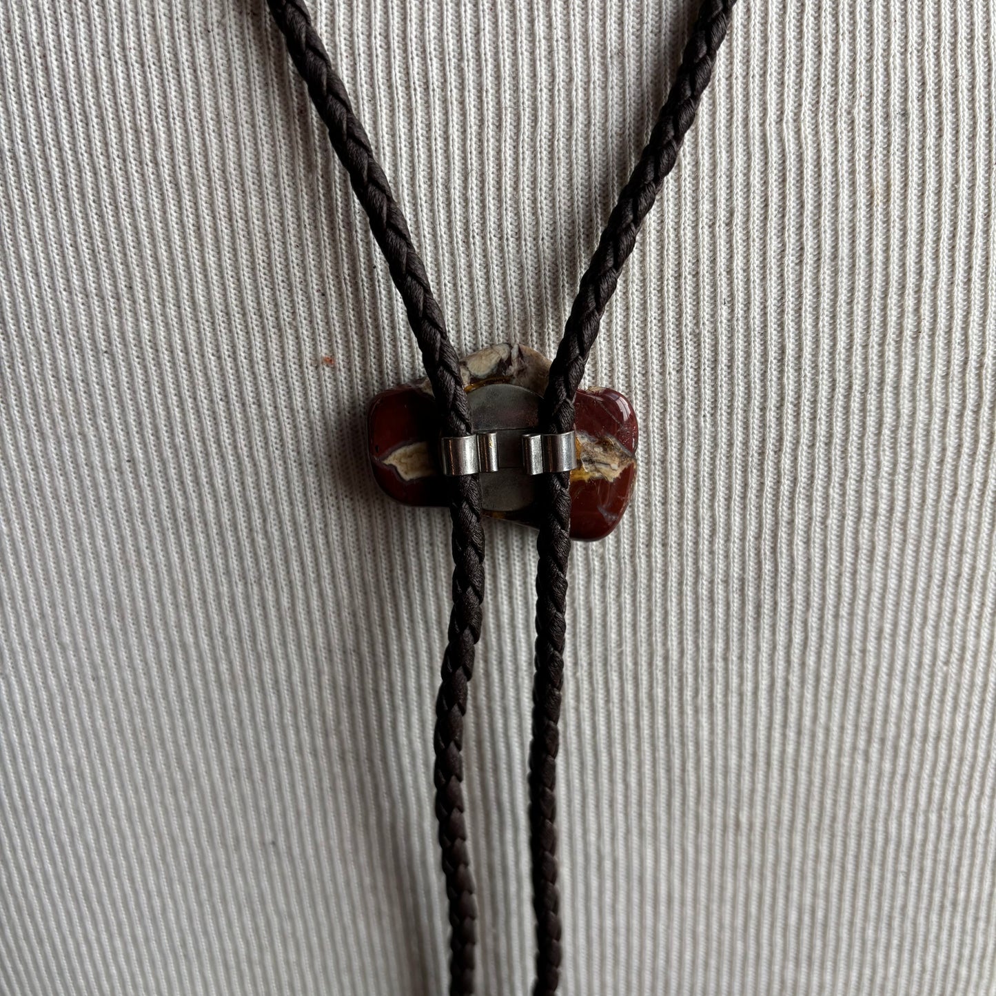 Polished Raw Edge Stone Bolo on Brown Tie