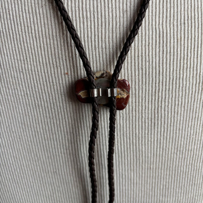 Polished Raw Edge Stone Bolo on Brown Tie
