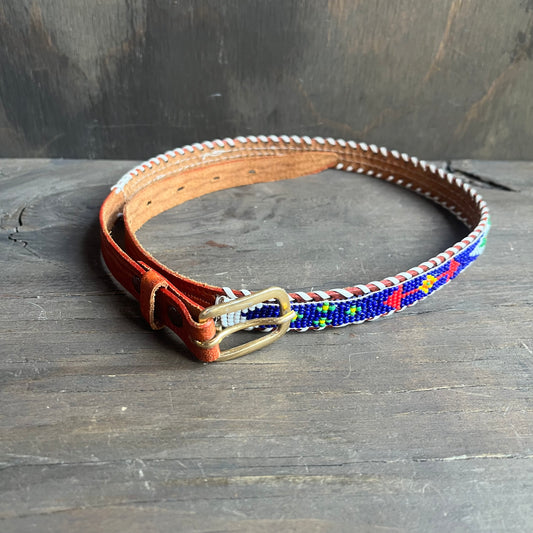 Beaded brown leather belt