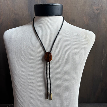 Wood Oval Bolo on Black Leather Tie