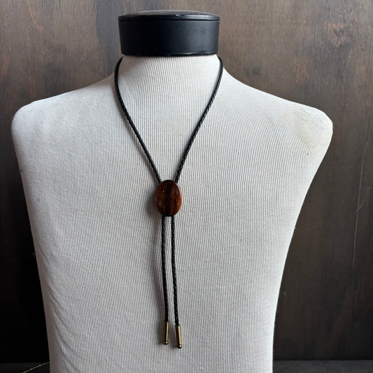 Wood Oval Bolo on Black Leather Tie