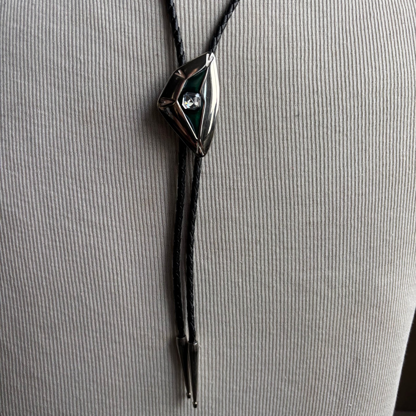 Abstract Green and Silver Bolo on Black Leather Tie
