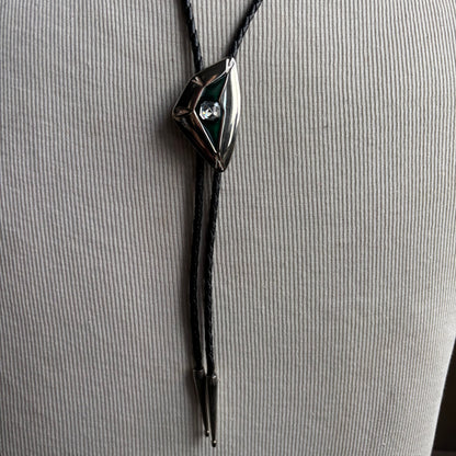 Abstract Green and Silver Bolo on Black Leather Tie