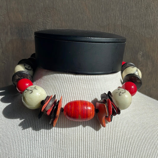 Black brown white and red beaded necklace