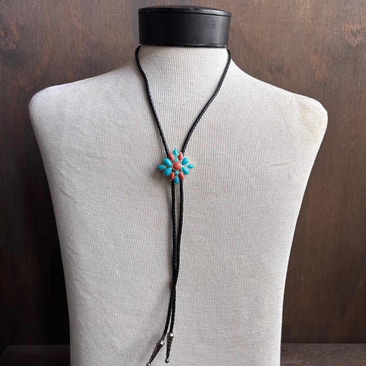 Turquoise and Terracotta Colored Bolo and Black Leather Tie