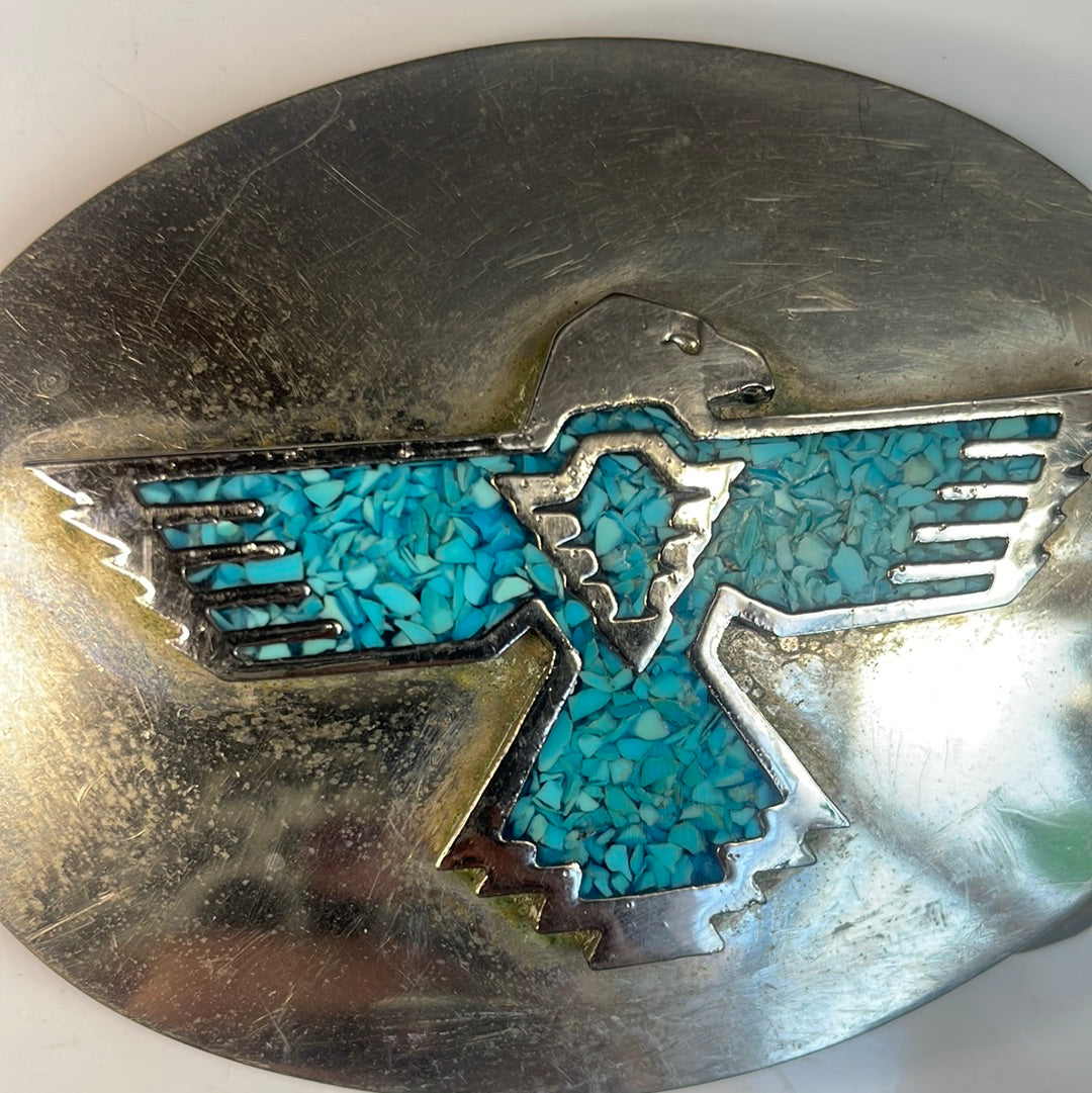 Silver Belt Buckle with Turquoise Thunderbird