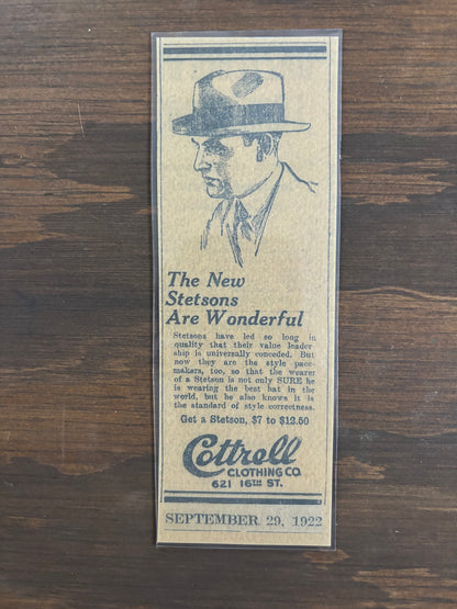 Stetson Newspaper Ad Bookmark