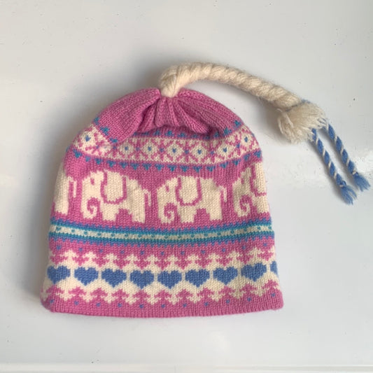 Youth pink & blue winter hat with elephants & tassel