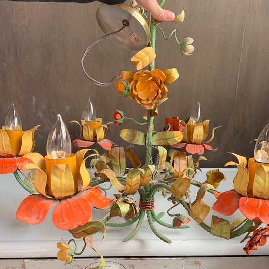 Metal yellow, orange & green  flower chandelier