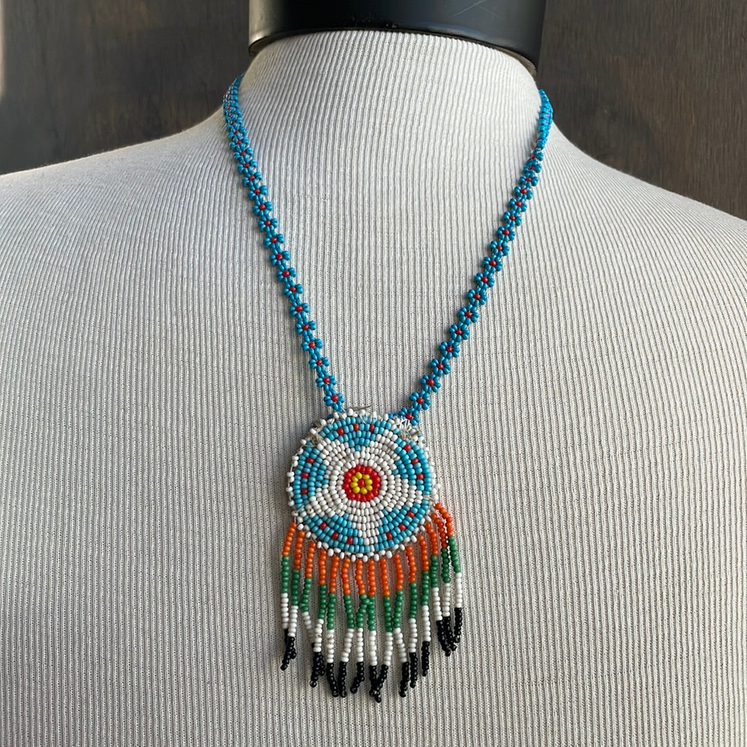 Blue Beaded Necklace with Multicolor Pendandt